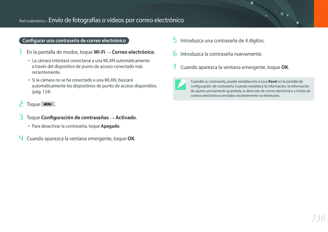 Samsung EV-NX2000BFWES, EV-NX2000BABES, EV-NX2000BFWIL manual 136, Configurar una contraseña de correo electrónico 