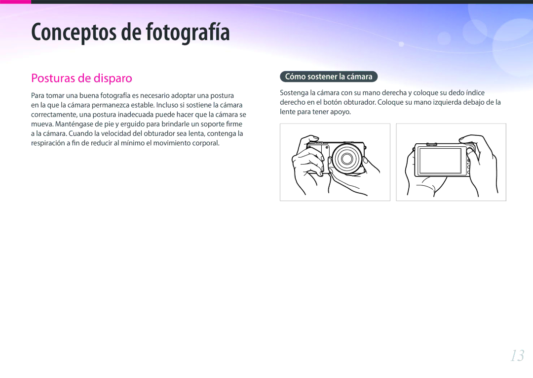 Samsung EV-NX2000BFWES, EV-NX2000BABES, EV-NX2000BFWIL manual Conceptos de fotografía, Cómo sostener la cámara 