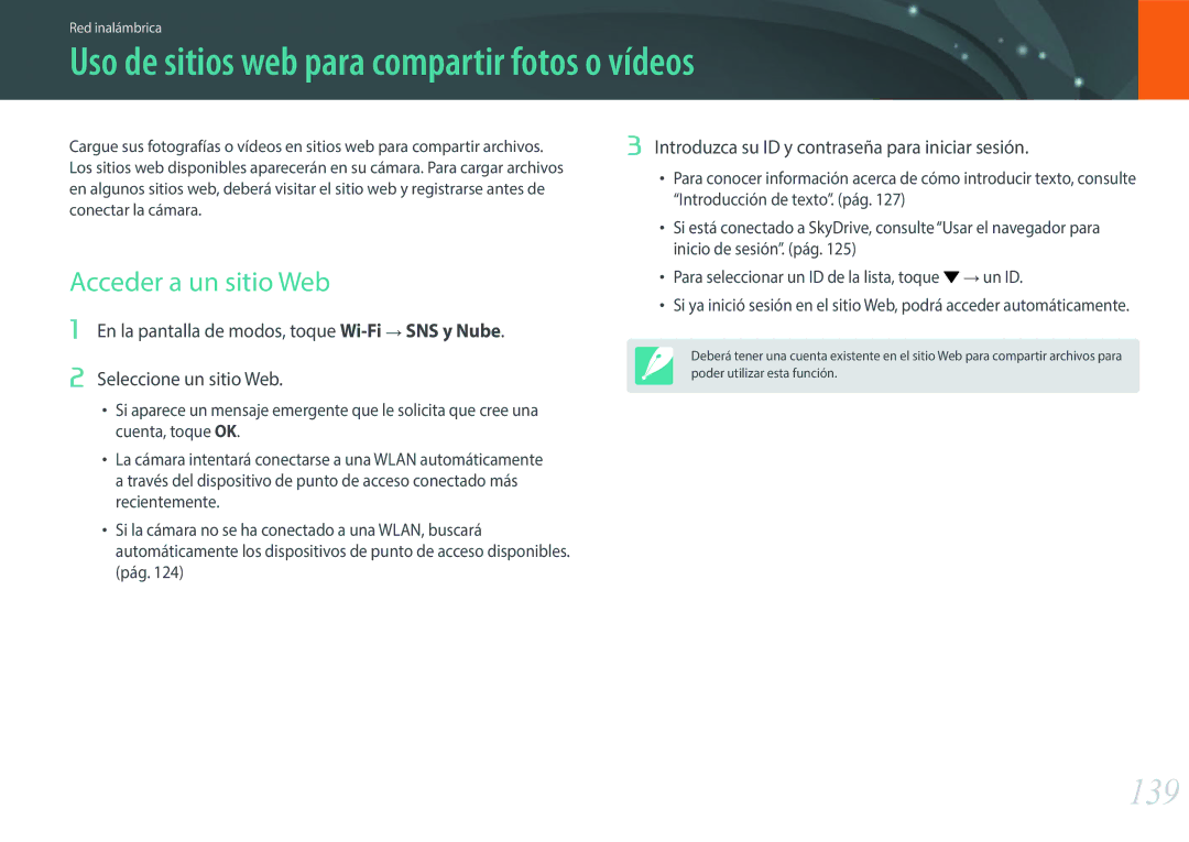 Samsung EV-NX2000BFWES, EV-NX2000BABES manual Uso de sitios web para compartir fotos o vídeos, 139, Acceder a un sitio Web 