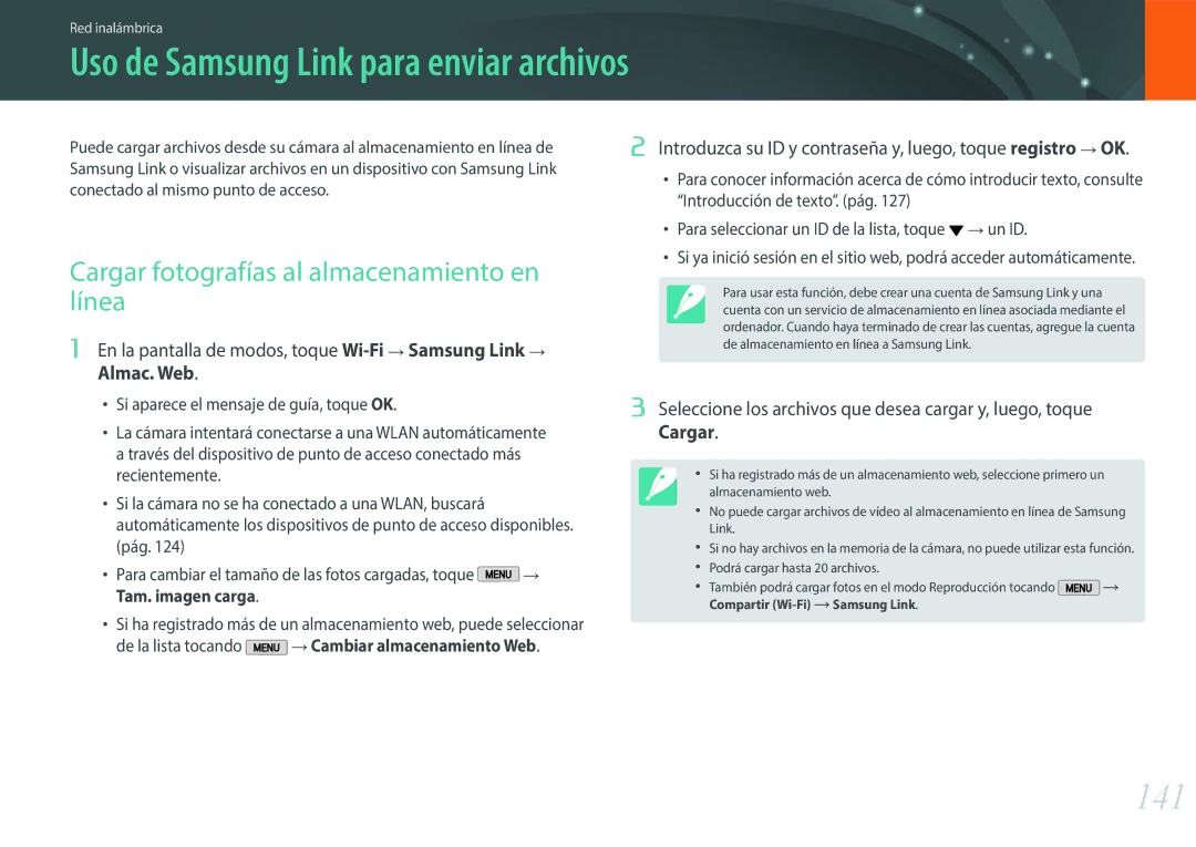 Samsung EV-NX2000BFWIL manual Uso de Samsung Link para enviar archivos, 141, Cargar fotografías al almacenamiento en línea 