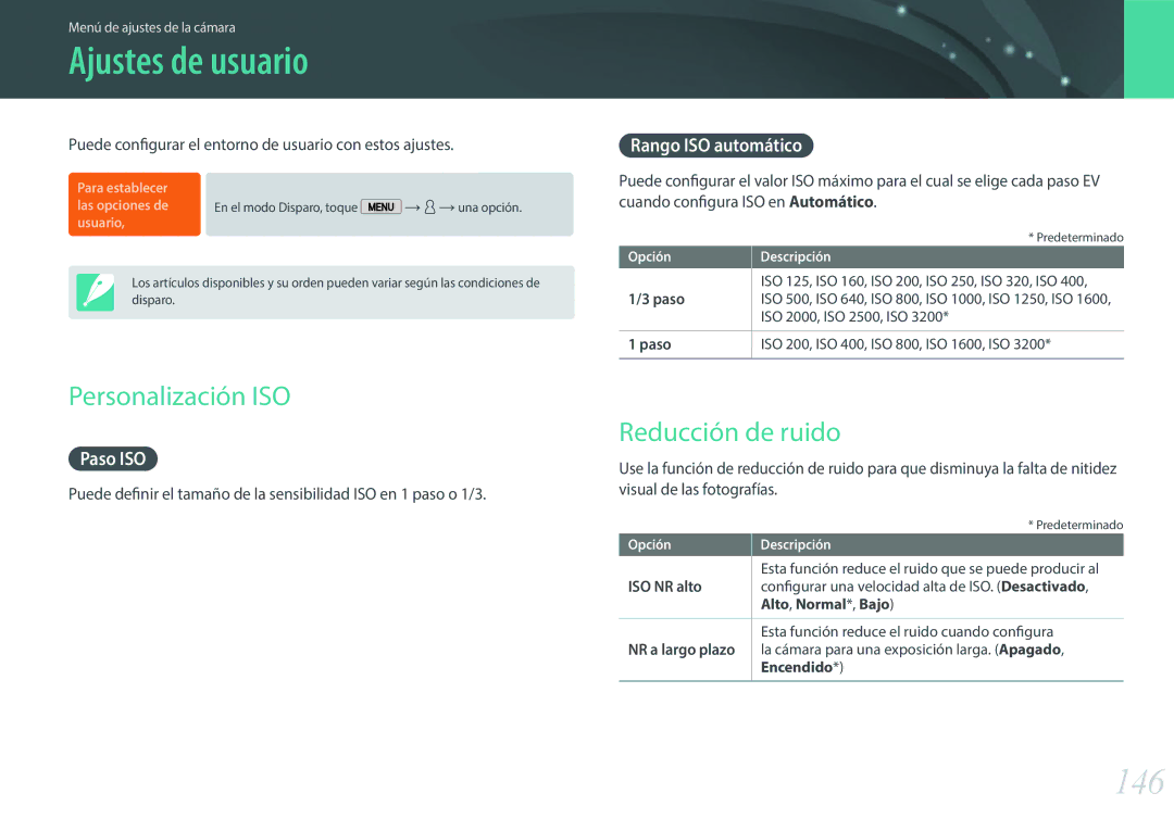 Samsung EV-NX2000BABES, EV-NX2000BFWIL, EV-NX2000BFWES Ajustes de usuario, 146, Personalización ISO, Reducción de ruido 