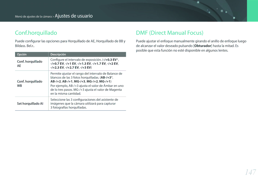 Samsung EV-NX2000BFWIL, EV-NX2000BABES, EV-NX2000BFWES manual 147, Conf.horquillado, DMF Direct Manual Focus 