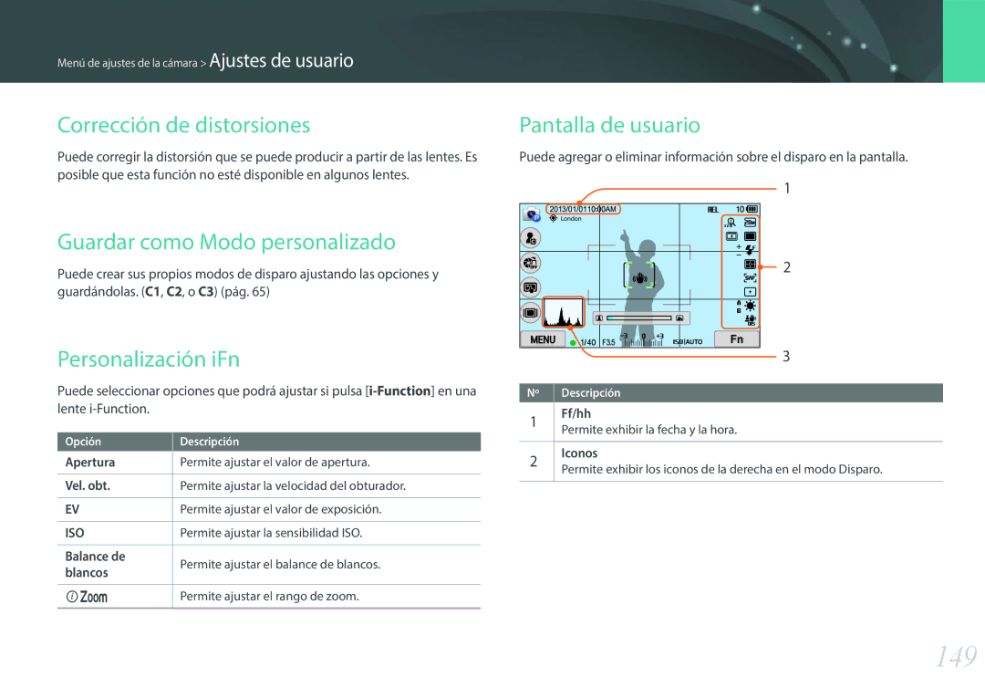 Samsung EV-NX2000BABES manual 149, Corrección de distorsiones, Guardar como Modo personalizado, Personalización iFn 