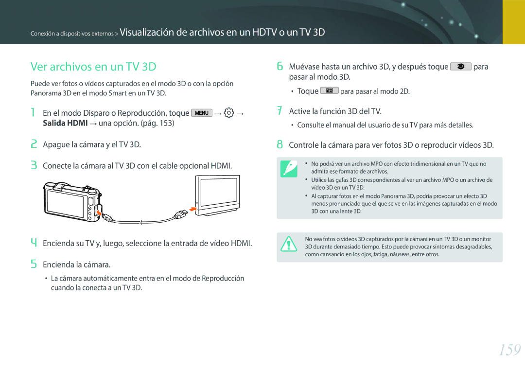 Samsung EV-NX2000BFWIL, EV-NX2000BABES, EV-NX2000BFWES manual 159, Ver archivos en un TV 3D, Active la función 3D del TV 