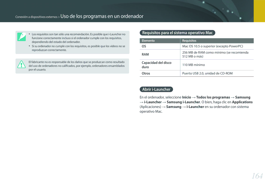 Samsung EV-NX2000BABES, EV-NX2000BFWIL manual 164, Requisitos para el sistema operativo Mac, Abrir i-Launcher, MB o más 