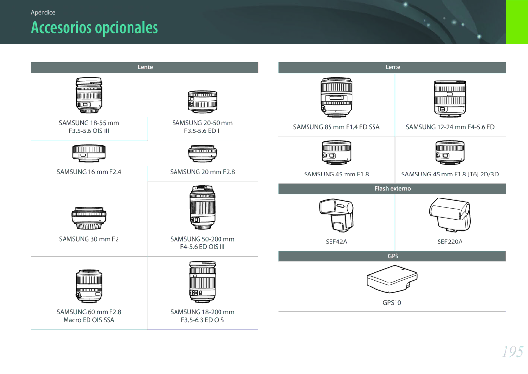 Samsung EV-NX2000BFWIL, EV-NX2000BABES, EV-NX2000BFWES manual Accesorios opcionales, 195 