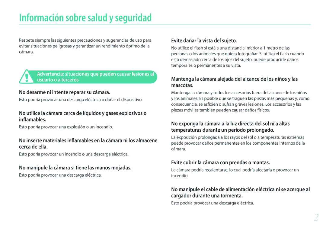 Samsung EV-NX2000BABES, EV-NX2000BFWIL manual Información sobre salud y seguridad, No desarme ni intente reparar su cámara 