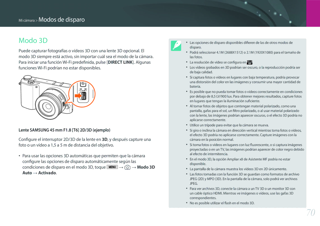 Samsung EV-NX2000BFWES, EV-NX2000BABES, EV-NX2000BFWIL manual Modo 3D, Lente Samsung 45 mm F1.8 T6 2D/3D ejemplo 