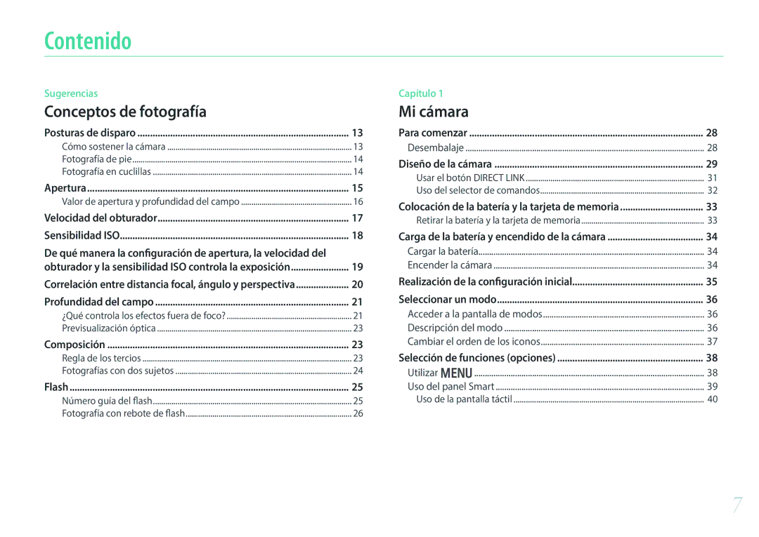 Samsung EV-NX2000BFWES, EV-NX2000BABES, EV-NX2000BFWIL manual Contenido, Conceptos de fotografía 