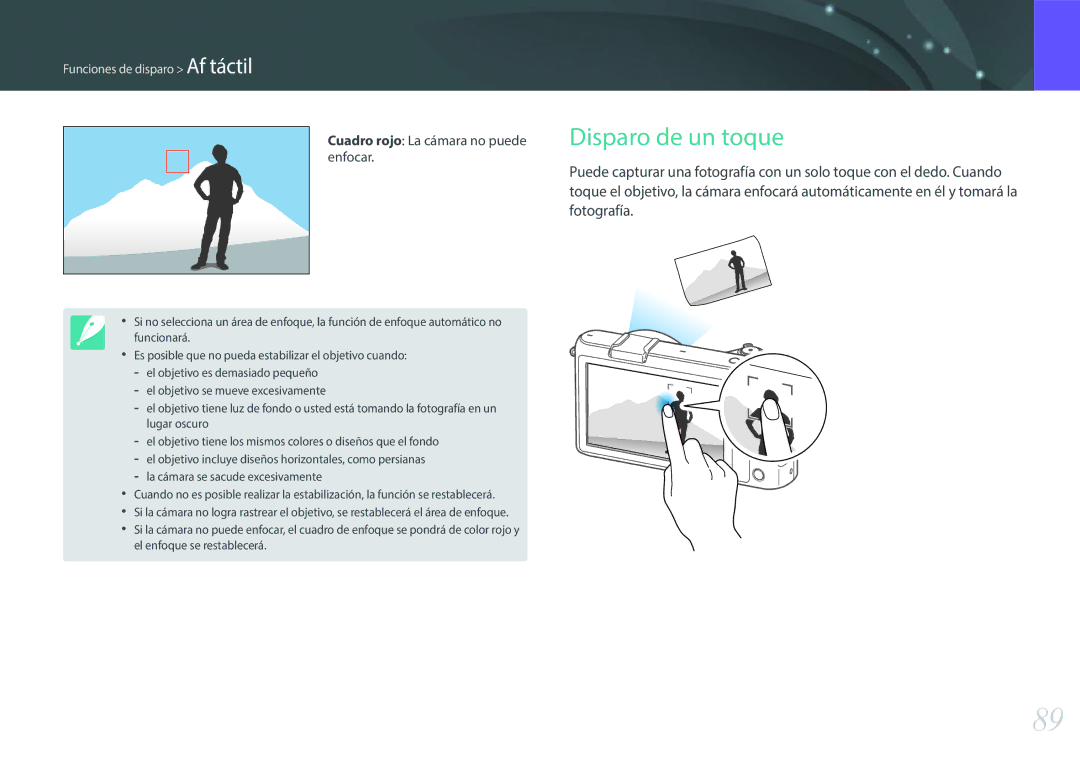 Samsung EV-NX2000BABES, EV-NX2000BFWIL, EV-NX2000BFWES manual Disparo de un toque, Cuadro rojo La cámara no puede 