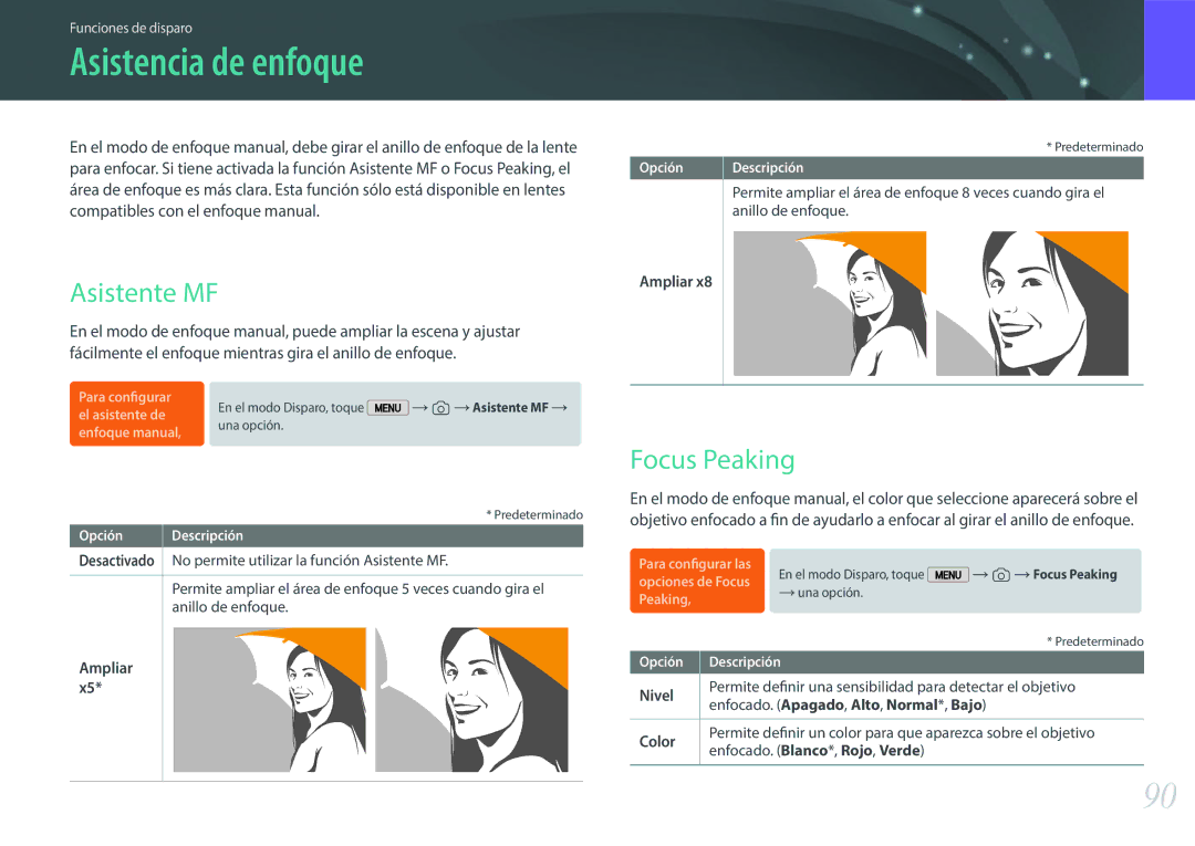 Samsung EV-NX2000BFWIL, EV-NX2000BABES, EV-NX2000BFWES manual Asistencia de enfoque, Asistente MF, Focus Peaking 