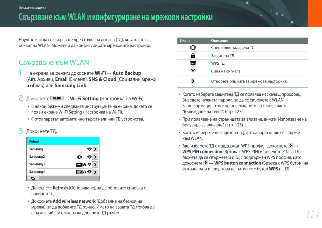 Samsung EV-NX2000BFWRO, EV-NX2000BABRO manual 124, Свързване към Wlan, Докоснете ТД 