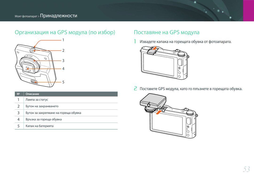 Samsung EV-NX2000BABRO, EV-NX2000BFWRO manual Организация на GPS модула по избор, Поставяне на GPS модула 