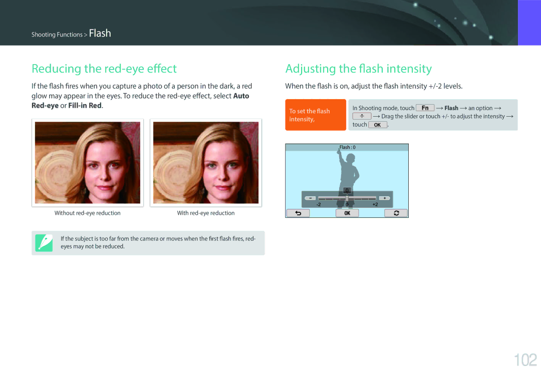 Samsung EV-NX2000BABUS user manual 102, Reducing the red-eye effect, Adjusting the flash intensity 