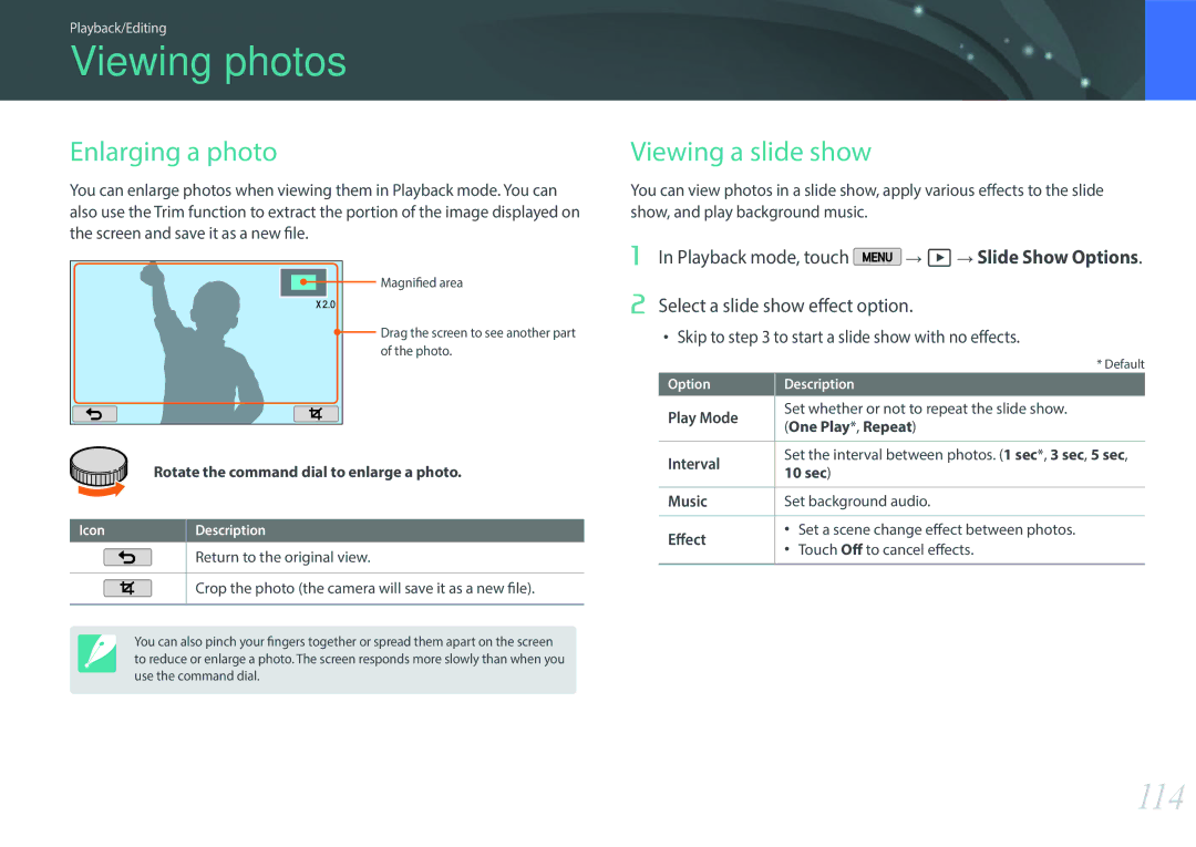 Samsung EV-NX2000BABUS user manual Viewing photos, 114, Enlarging a photo, Viewing a slide show 