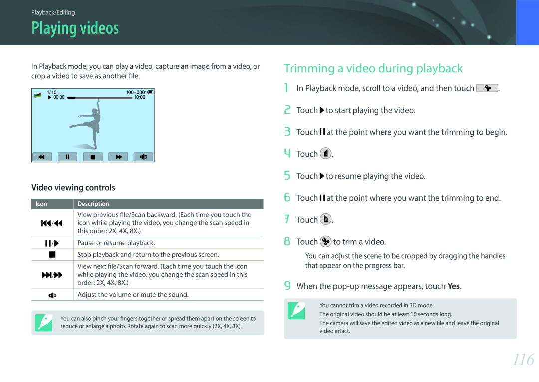 Samsung EV-NX2000BABUS user manual Playing videos, 116, Trimming a video during playback, Video viewing controls 