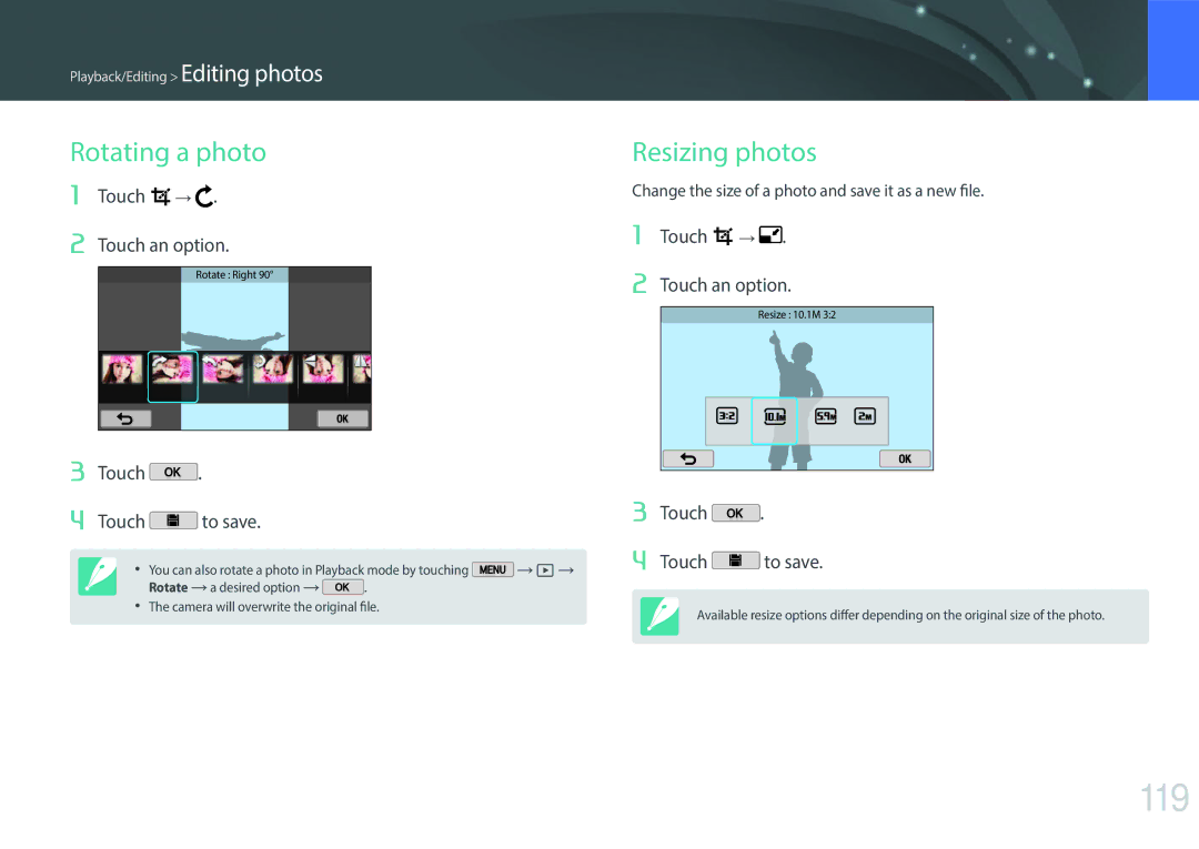 Samsung EV-NX2000BABUS user manual 119, Rotating a photo, Resizing photos, Touch → Touch an option, Touch Touch to save 