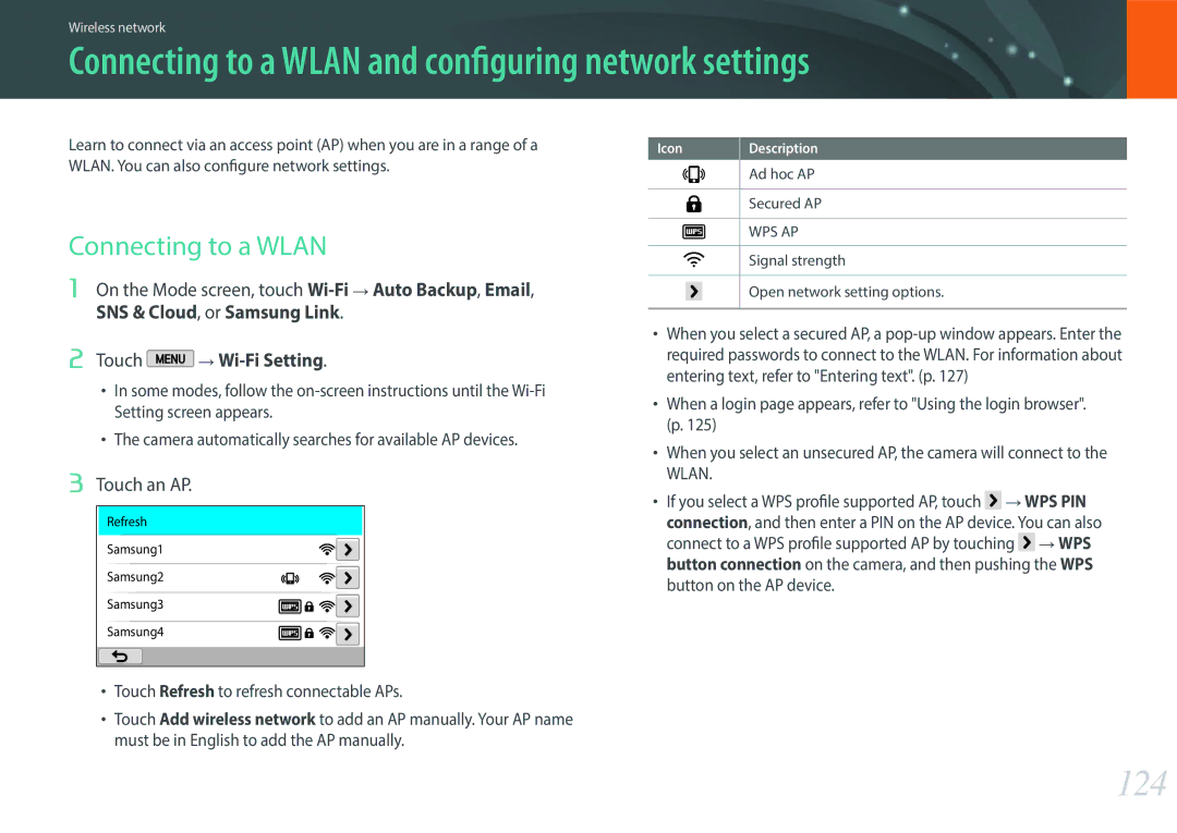 Samsung EV-NX2000BABUS user manual Connecting to a Wlan and configuring network settings, 124, Touch an AP 