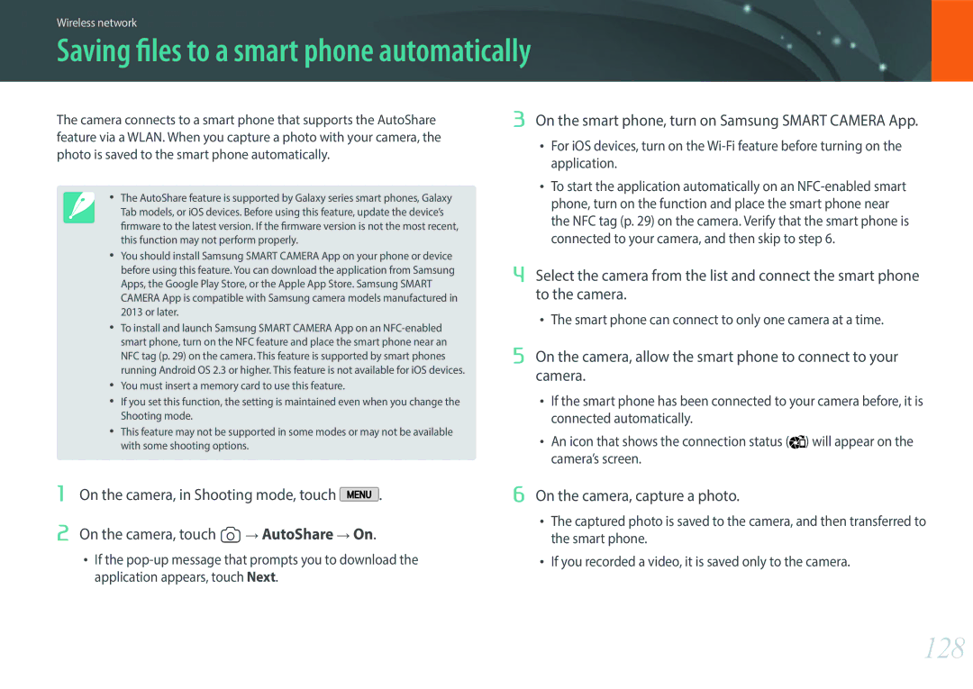 Samsung NX2000 Saving files to a smart phone automatically, 128, On the smart phone, turn on Samsung Smart Camera App 