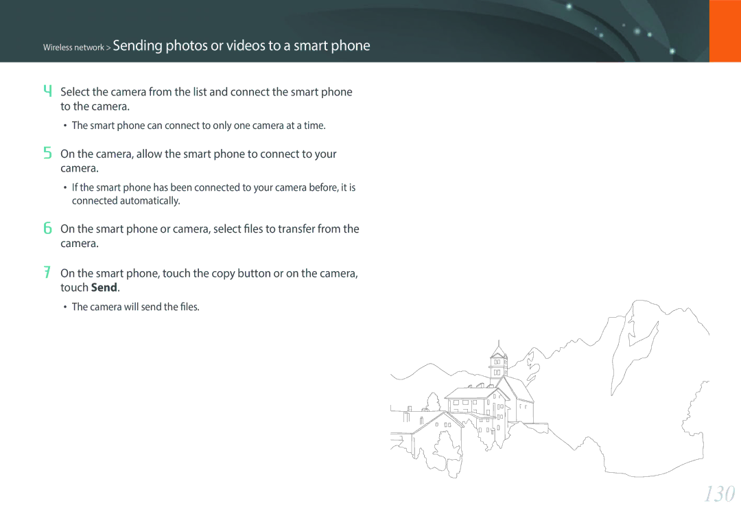 Samsung EV-NX2000BABUS user manual 130, Wireless network Sending photos or videos to a smart phone 