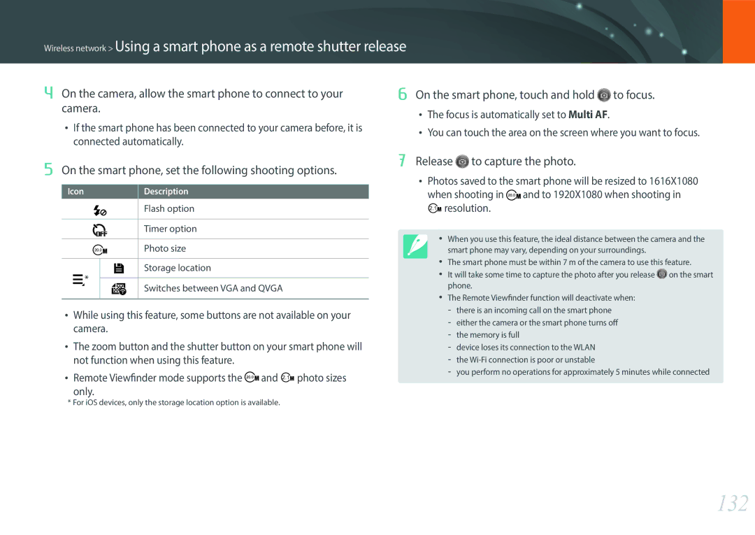 Samsung NX2000 132, On the smart phone, set the following shooting options, On the smart phone, touch and hold to focus 