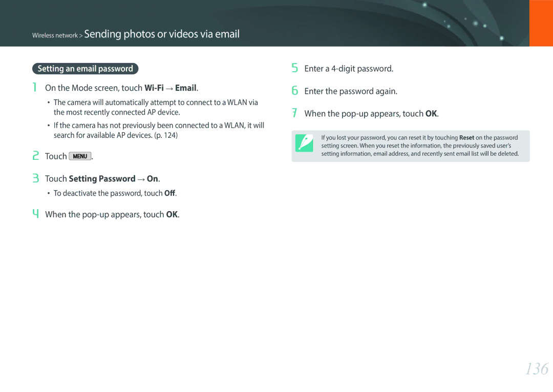 Samsung EV-NX2000BABUS user manual 136, Setting an email password 