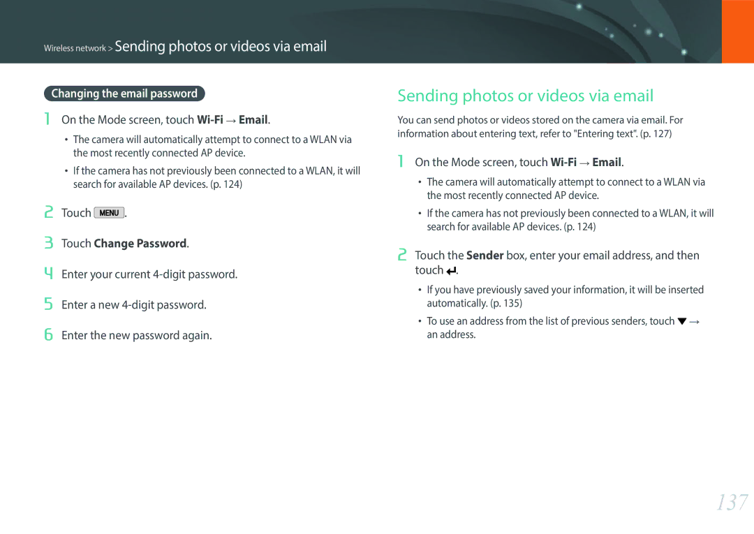 Samsung EV-NX2000BABUS user manual 137, Sending photos or videos via email, Changing the email password 