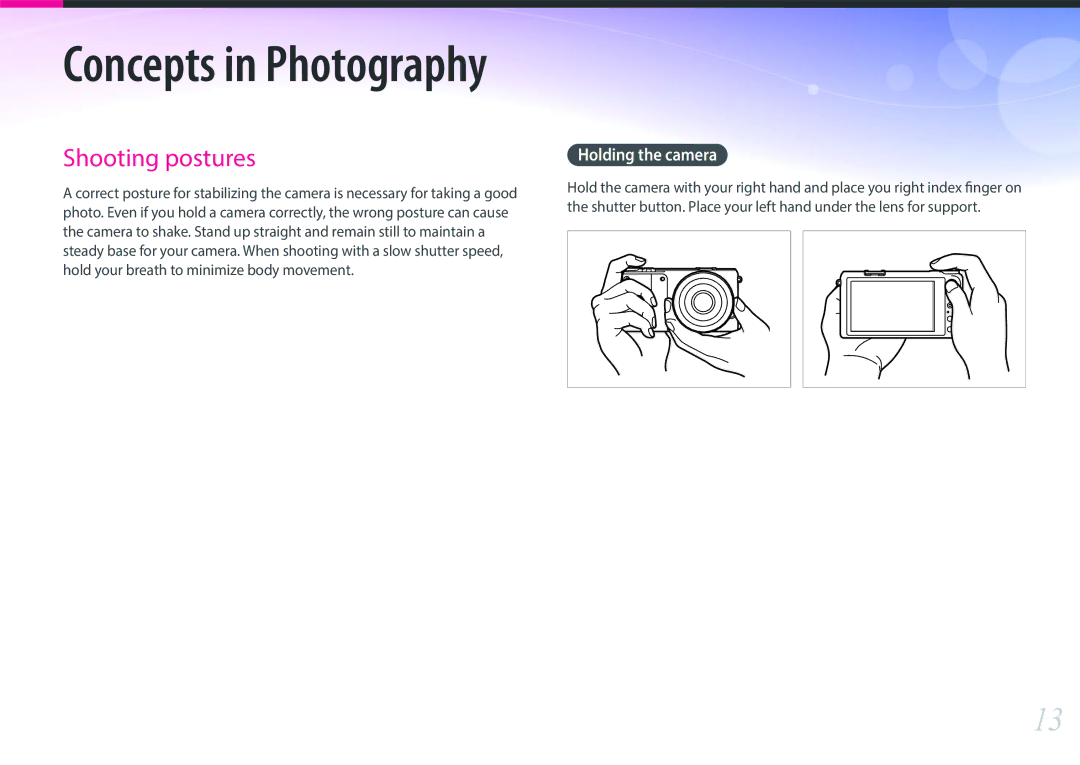 Samsung EV-NX2000BABUS user manual Concepts in Photography, Holding the camera 