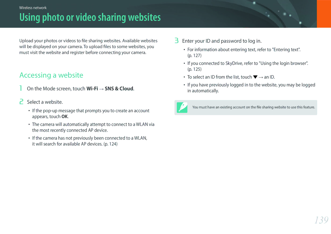 Samsung EV-NX2000BABUS user manual 139, Accessing a website, Enter your ID and password to log 