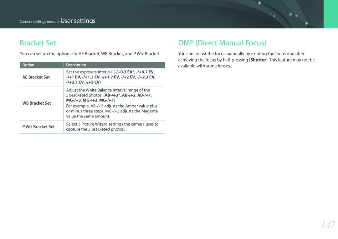 Samsung EV-NX2000BABUS user manual 147, Bracket Set, DMF Direct Manual Focus 