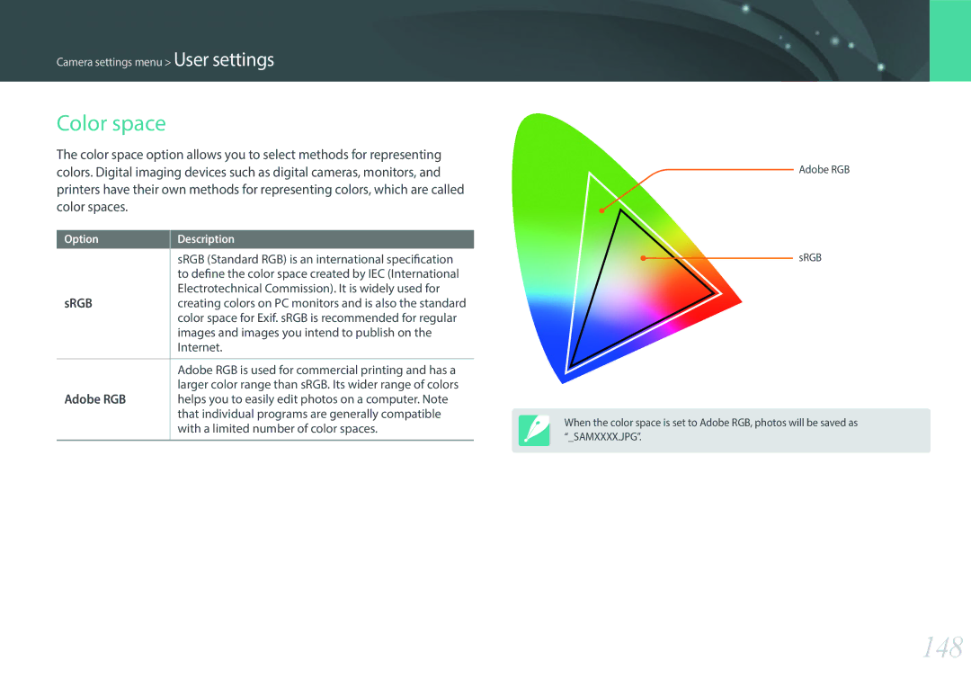 Samsung EV-NX2000BABUS user manual 148, Color space, Srgb, Adobe RGB 