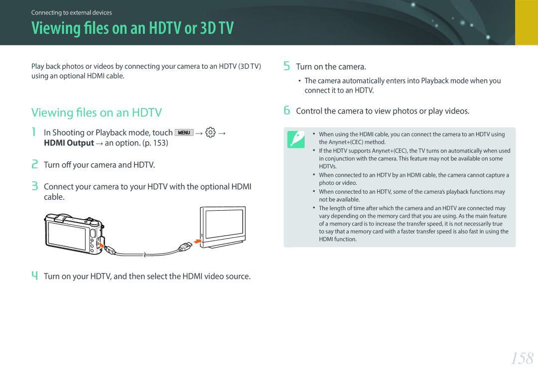 Samsung EV-NX2000BABUS user manual 158, Viewing files on an Hdtv, Control the camera to view photos or play videos 