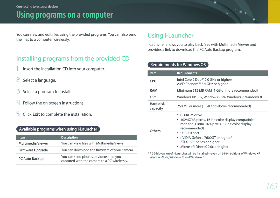 Samsung EV-NX2000BABUS 163, Installing programs from the provided CD, Using i-Launcher, Requirements for Windows OS 