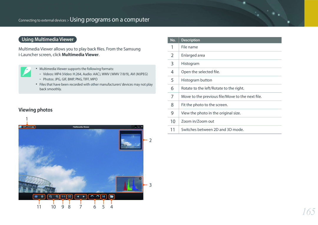 Samsung EV-NX2000BABUS user manual 165, Viewing photos, Using Multimedia Viewer 