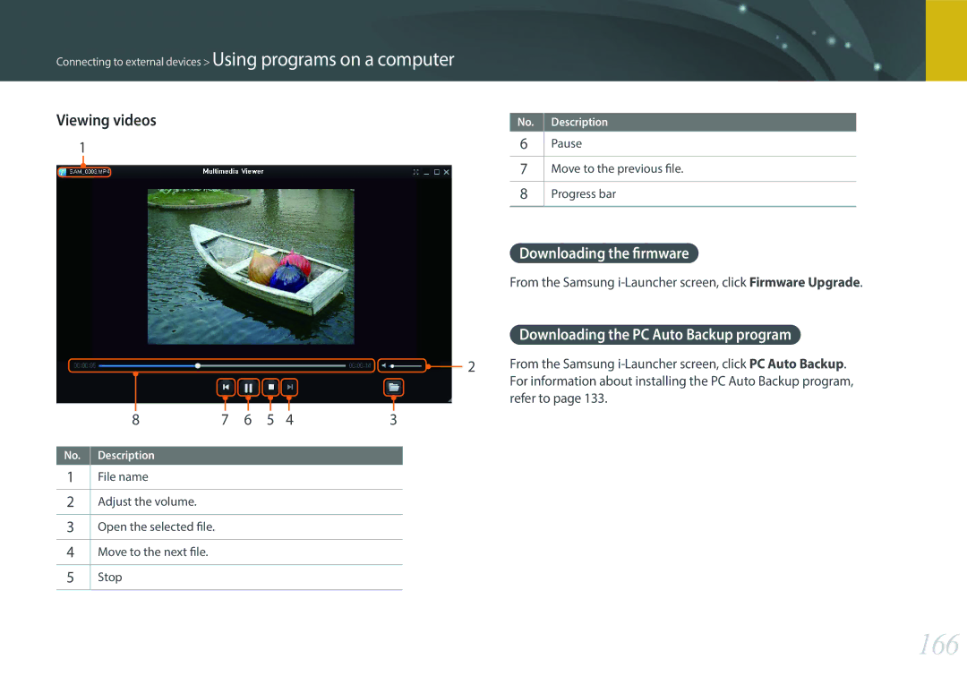 Samsung EV-NX2000BABUS user manual 166, Viewing videos, Refer to, Pause Move to the previous file Progress bar 