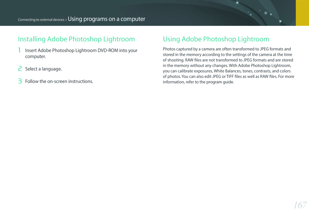 Samsung EV-NX2000BABUS user manual 167, Installing Adobe Photoshop Lightroom, Using Adobe Photoshop Lightroom 