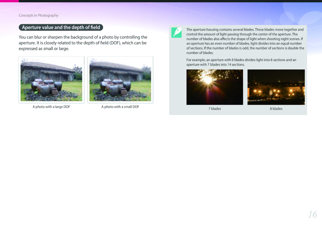 Samsung EV-NX2000BABUS user manual Aperture value and the depth of field 