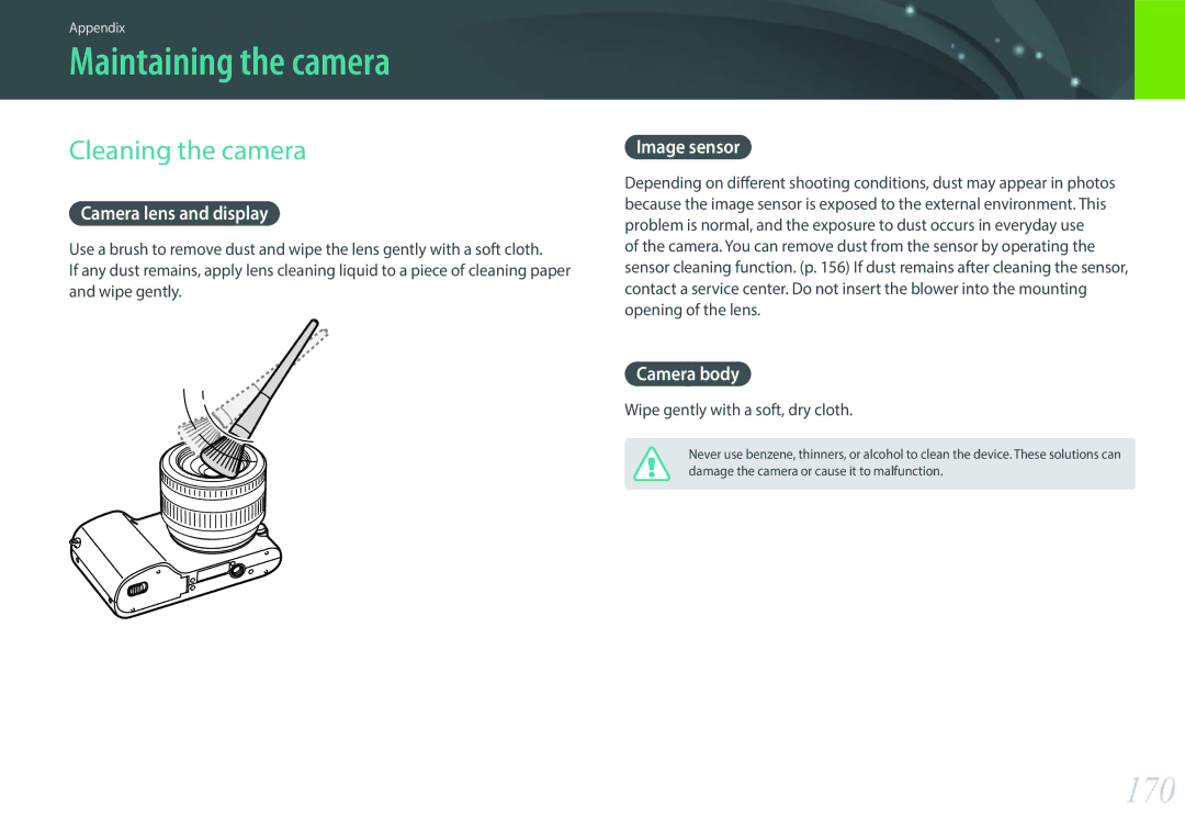 Samsung EV-NX2000BABUS user manual Maintaining the camera, 170, Cleaning the camera 