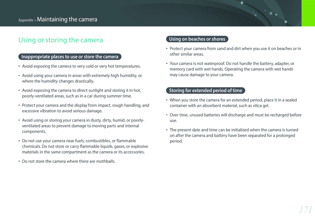 Samsung EV-NX2000BABUS user manual 171, Using or storing the camera, Inappropriate places to use or store the camera 