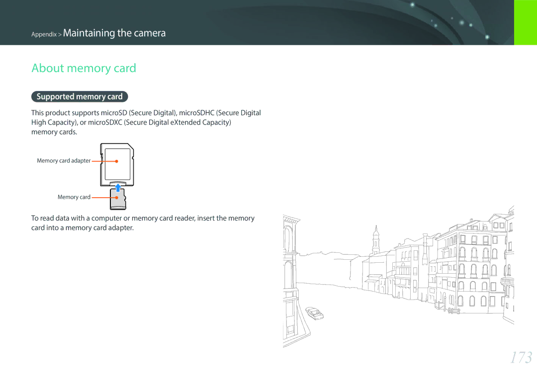 Samsung EV-NX2000BABUS user manual 173, About memory card, Supported memory card 