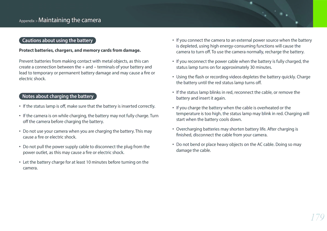 Samsung EV-NX2000BABUS user manual 179, Protect batteries, chargers, and memory cards from damage 