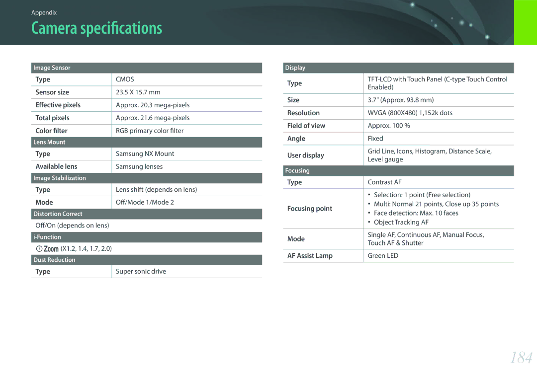 Samsung EV-NX2000BABUS user manual Camera specifications, 184 