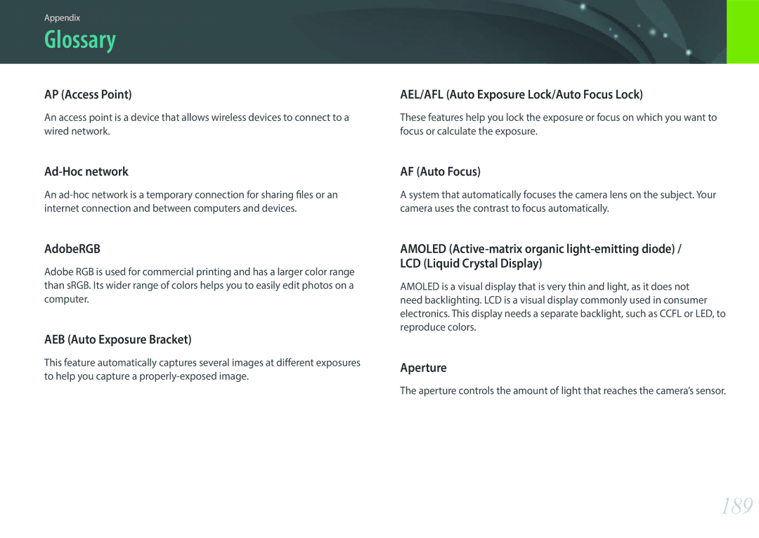 Samsung EV-NX2000BABUS user manual Glossary, 189 