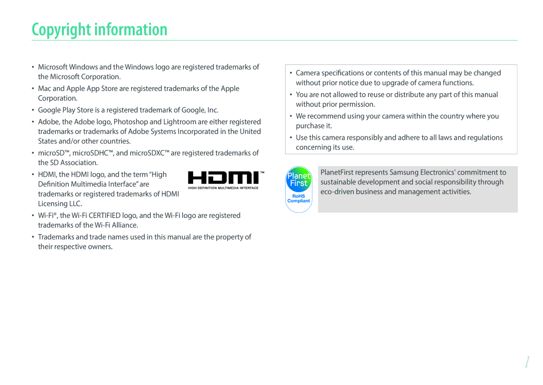 Samsung EV-NX2000BABUS user manual Copyright information 