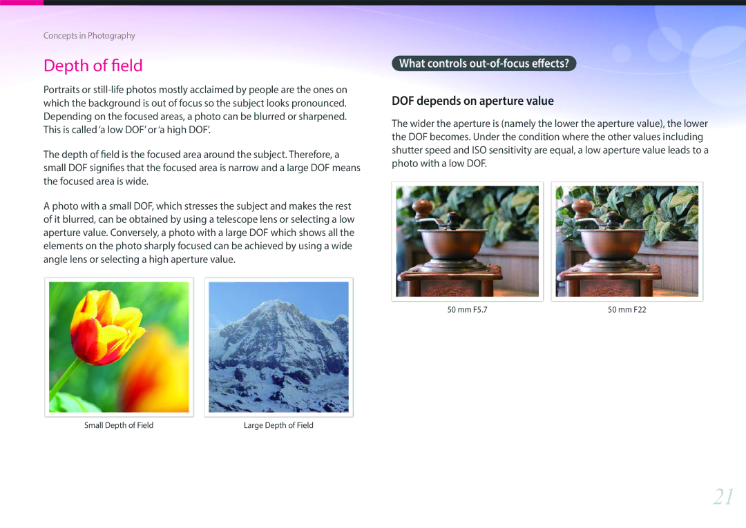 Samsung EV-NX2000BABUS user manual DOF depends on aperture value, What controls out-of-focus effects? 