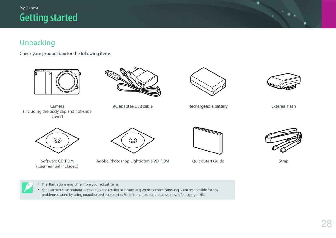 Samsung EV-NX2000BABUS user manual Getting started, Unpacking, Check your product box for the following items 