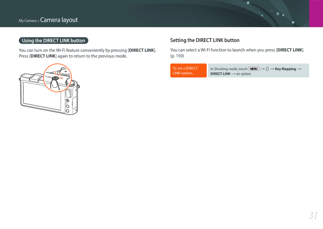 Samsung EV-NX2000BABUS user manual Setting the Direct Link button, Using the Direct Link button 