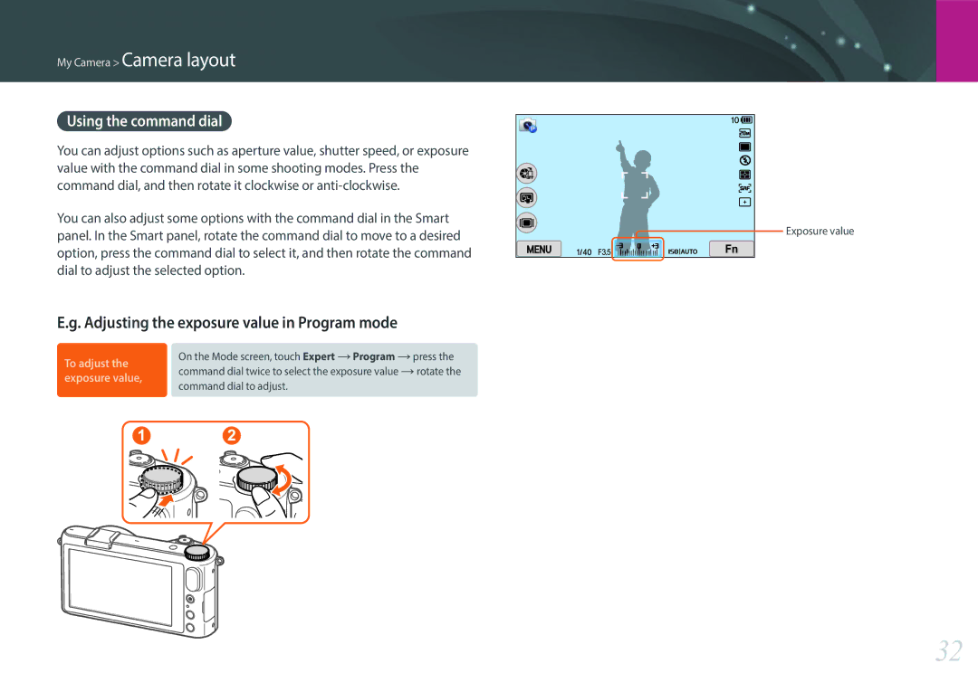 Samsung EV-NX2000BABUS user manual Adjusting the exposure value in Program mode, Using the command dial 