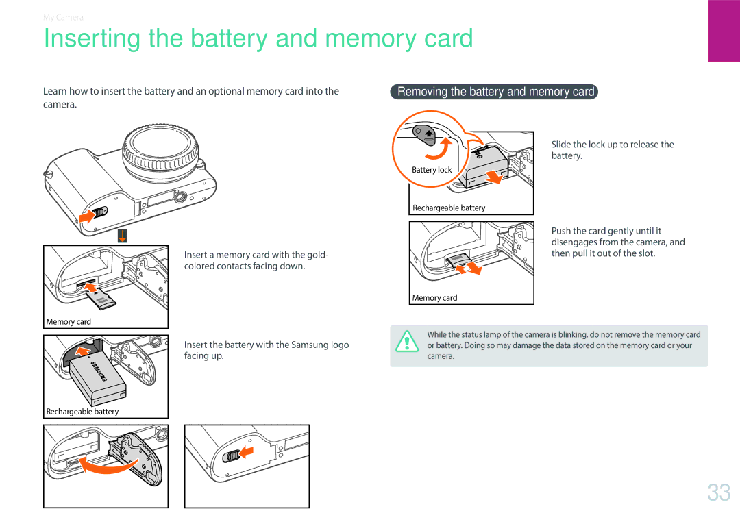 Samsung EV-NX2000BABUS user manual Removing the battery and memory card, Insert the battery with the Samsung logo facing up 