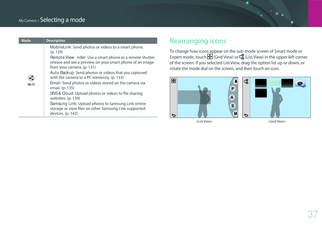 Samsung EV-NX2000BABUS user manual Rearranging icons, My Camera Selecting a mode 